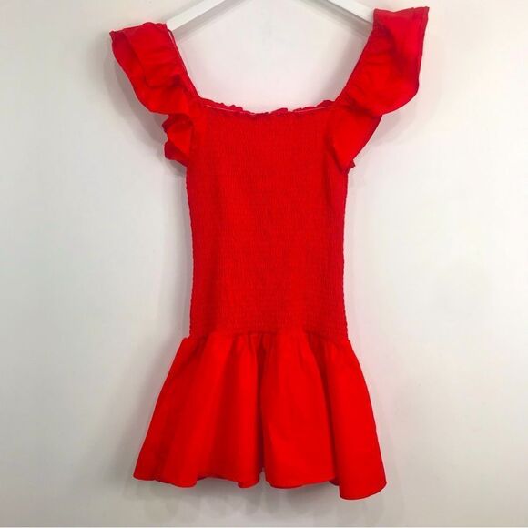 Zara Red Smocked Bodice Drop Waist Tiered Ruffle Form Fitted Mini Dress NEW - Picture 12 of 16